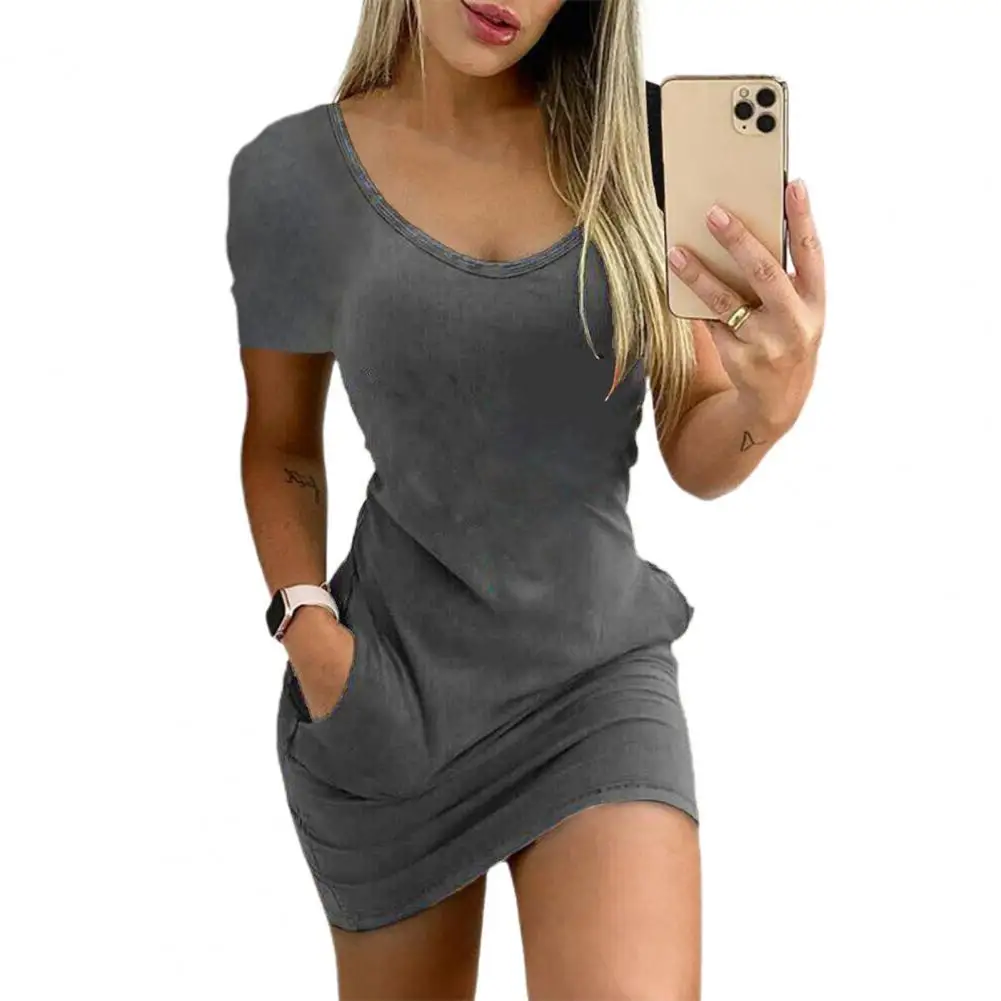 

2022 Women's Fashion Vest Printed Dress O-neck Two Pockets Mini Dress Stretchy Solid Color Short Sleeve Slim Dress for Summer