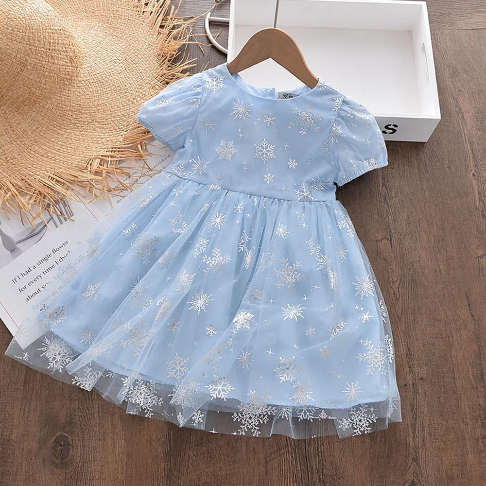 

3-8 Years Children's Clothing Baby Girl Princess Blue Dresses New Fashion Kids Mesh Snowflake Pattern Dress Summer Costumes