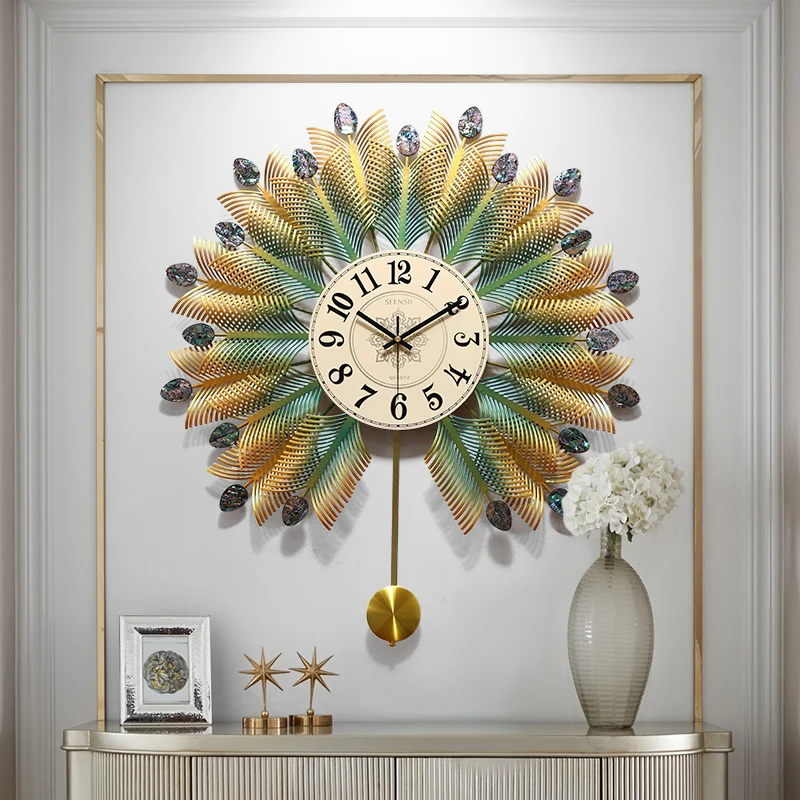 

Stylish Large Clock Wall Hanging Hall Metal Peacock Gold Wall Clock Luxury Pendulum Aesthetic Reloj Pared Home Design WSW35XP