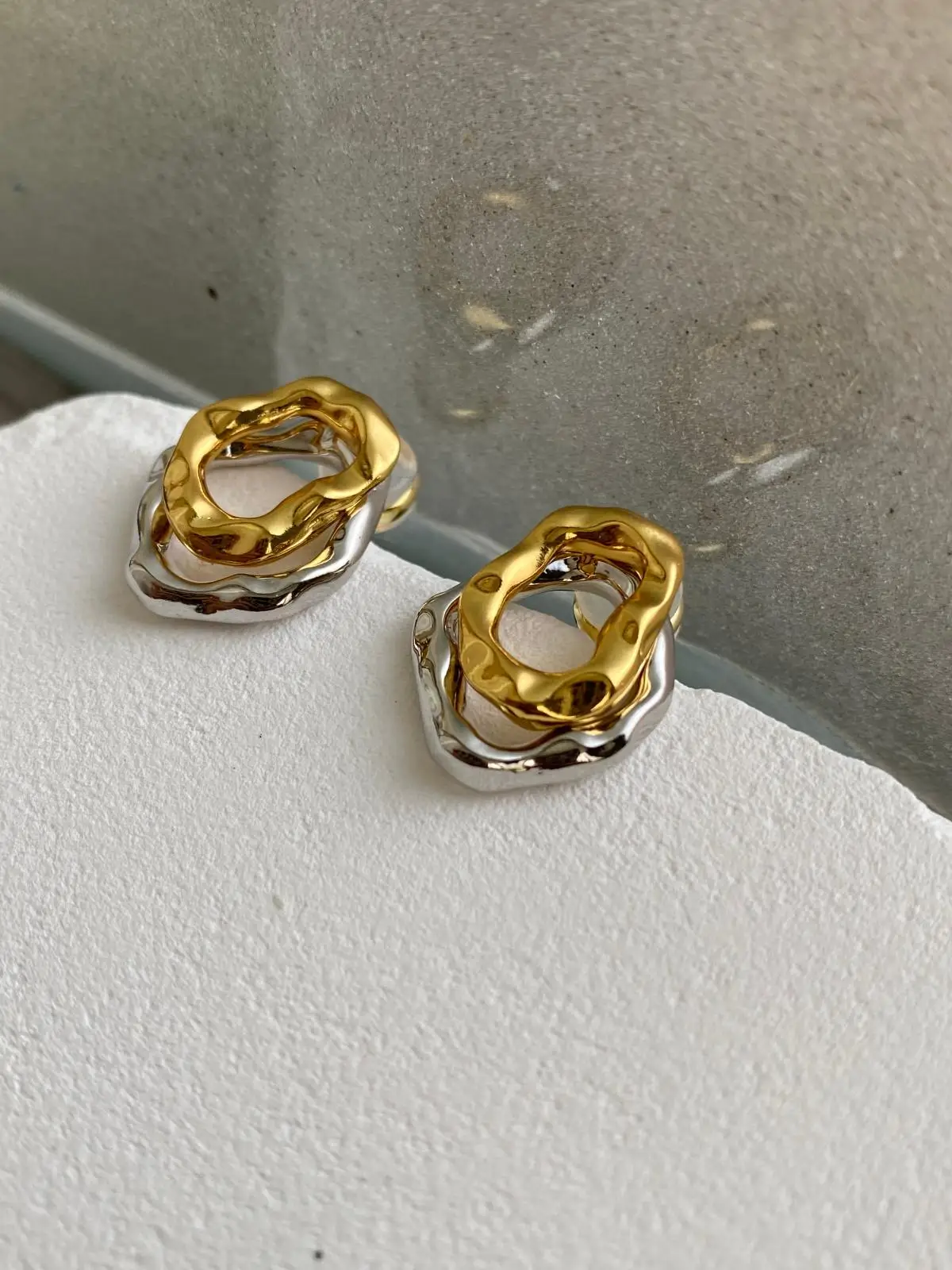 

Brass With 18K 2 Tone Layered RINGS Earrings Women Jewelry Punk Party T Show Gown Runway Trendy Korean Japan Israel Style INS