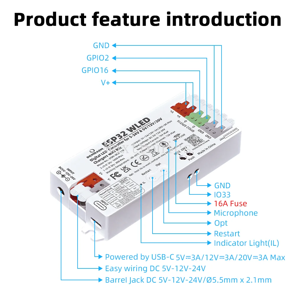 Фото Контроллер DOMRAEM ESP32 WLED 2025 с микрофоном WS2811 WS2812B WS2805 SK6812 APA102 PD Быстрая настройка питания Двойной вход постоянного тока 5–24 В Предохранитель 16 А №3