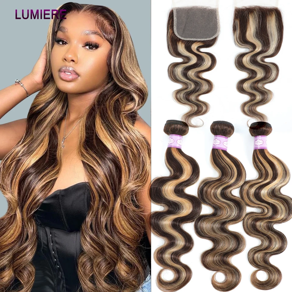 

Highlight Body Wave Human Hair Bundles With 4X4 5x5 6x6 HD Lace Closure Brazilian Ombre Hair Weave Bundles With Closure Frontal