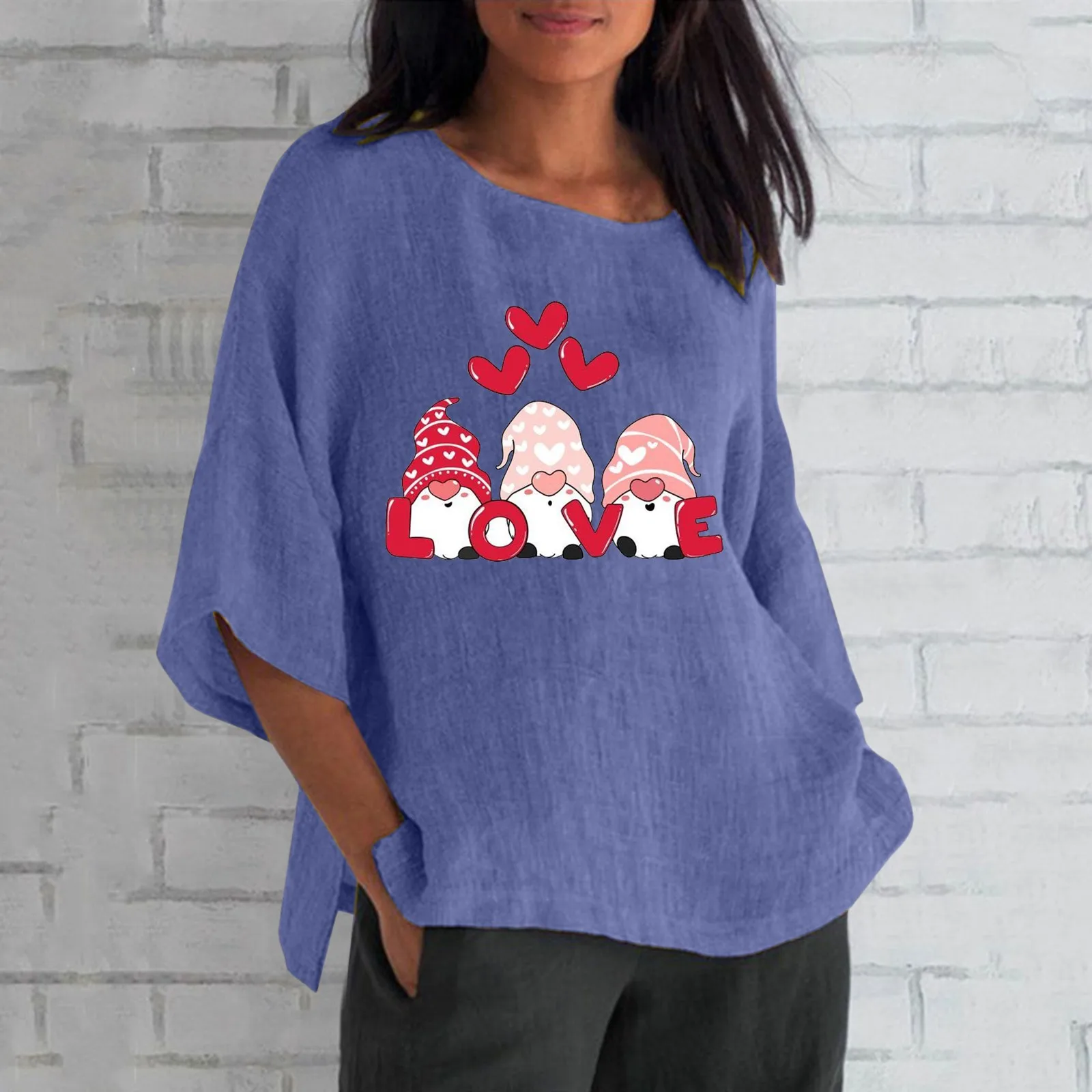 

Женский свободный топ с круглым вырезом на День святого Валентина, повседневная льняная футболка, женская футболка с v-образным вырезом