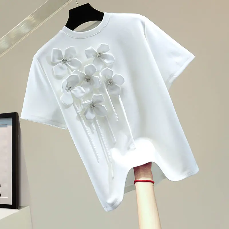 

VANOVICH Three-dimensional Tassel Flower Short-sleeved T-shirt 2022 Summer New Korean Oversized Solid Casual O-neck T-shirt
