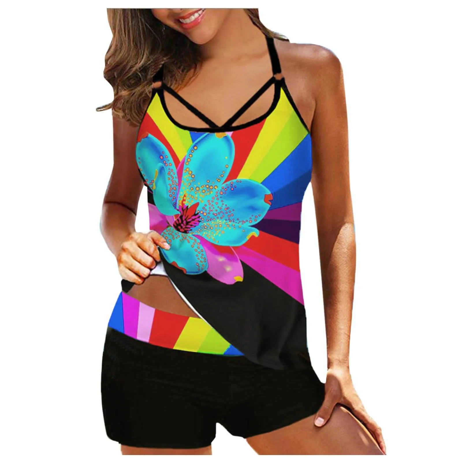 

Plus Set Tankini Size Two Swimdress Swimsuits Women Back Piece Print Strappy Swimwears Tankinis Set Swimwears Swimsuit bikini