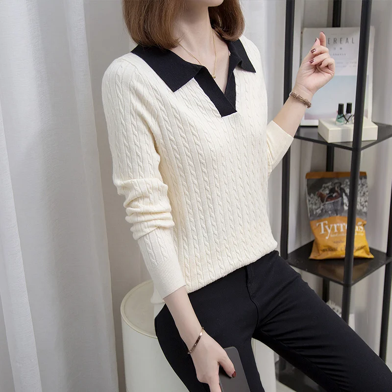 

L-4XL Oversize Turn-down Collar Sweater Women Autumn Winter Fashion Korean Patchwork Loose Soft Large Bottoming Knitted Tops
