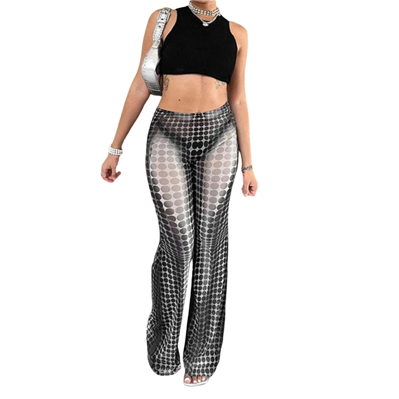 

Женские брюки y2k, эстетичные повседневные длинные эластичные брюки в крупный горошек со средней талией, Модель 2000s брюки в сеточку, одежда для улицы