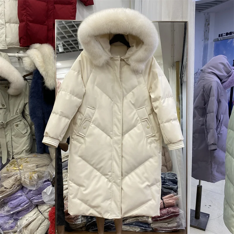 

New Women Fashion Fox Fur Collar Down Jacket Casual Style Autumn Winter Long Coats And Parkas Female Outwear