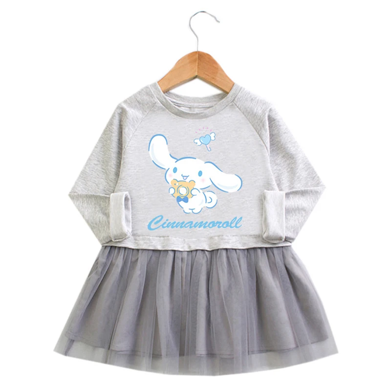 

Anime Cotton Kids Vestidos Kawaii Cinnamoroll Girl Loose Long-Sleeve Pleated Skirt Sanrios Autumn Casual Princess Vestido Fiesta