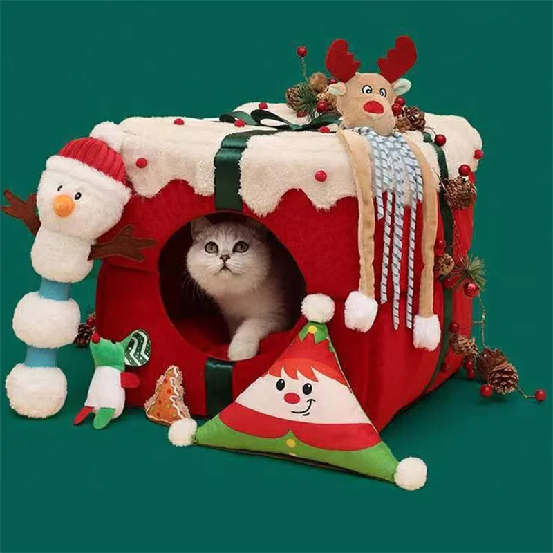 

Christmas Pet Bed Fully Enclosed Cat House Cave Nest for Gift Dog Bed Plush Super Soft Sleeping Luxury Cute Pets Supplies