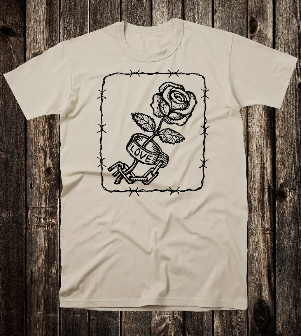Ретро тюремная ТАТУИРОВКА Футболка Vtg искусство любовь и цепи Роза