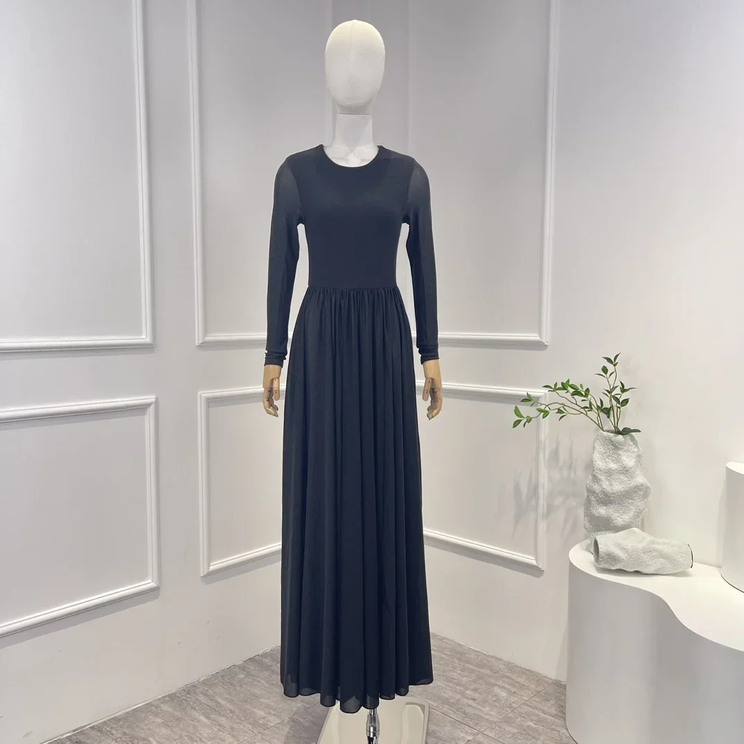 

Solid Beige 2023 New Arrivals Elegant High Quality Long Sleeve O-neck Shining Pleat Ruched Woman Black Casual Midi Dress