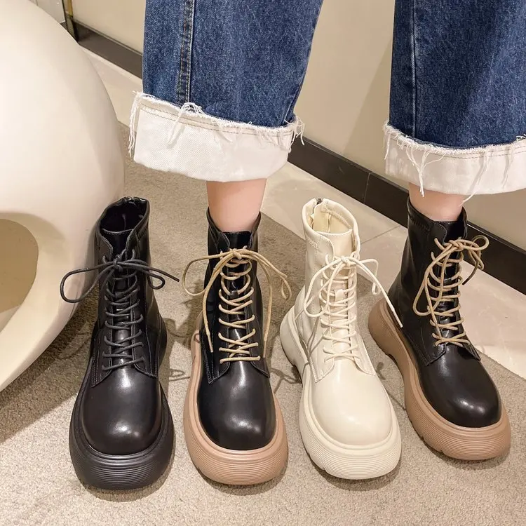 

Fashion Autumn Winter Women Thick Heels Ankle Boots Ladies PU Lace-up Round Toe Platform Shoes Zapatos De Mujer