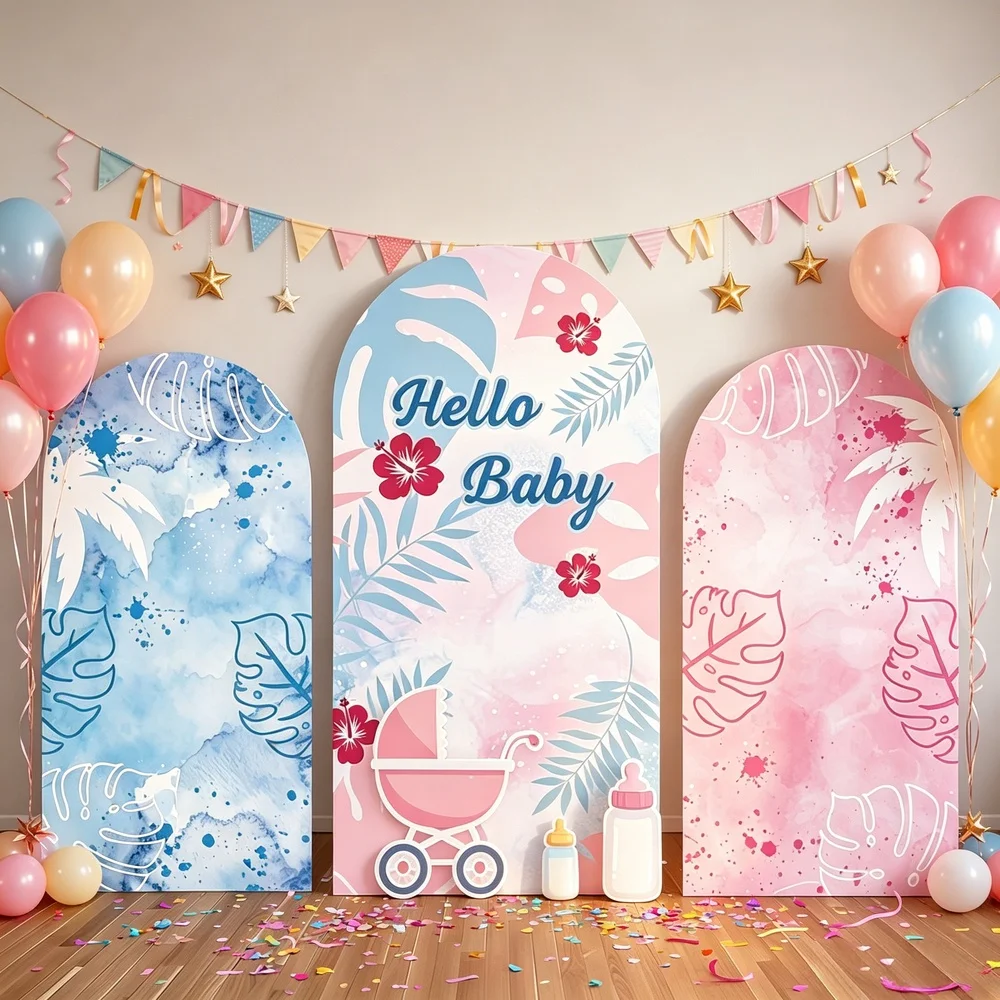 Фото Фон для фотосессии Mehofond Gentle Hello Baby Boy/Girl: акварельный дизайн с пальмовыми листьями и цветами фусанг, украшенный декором для детского праздника №1