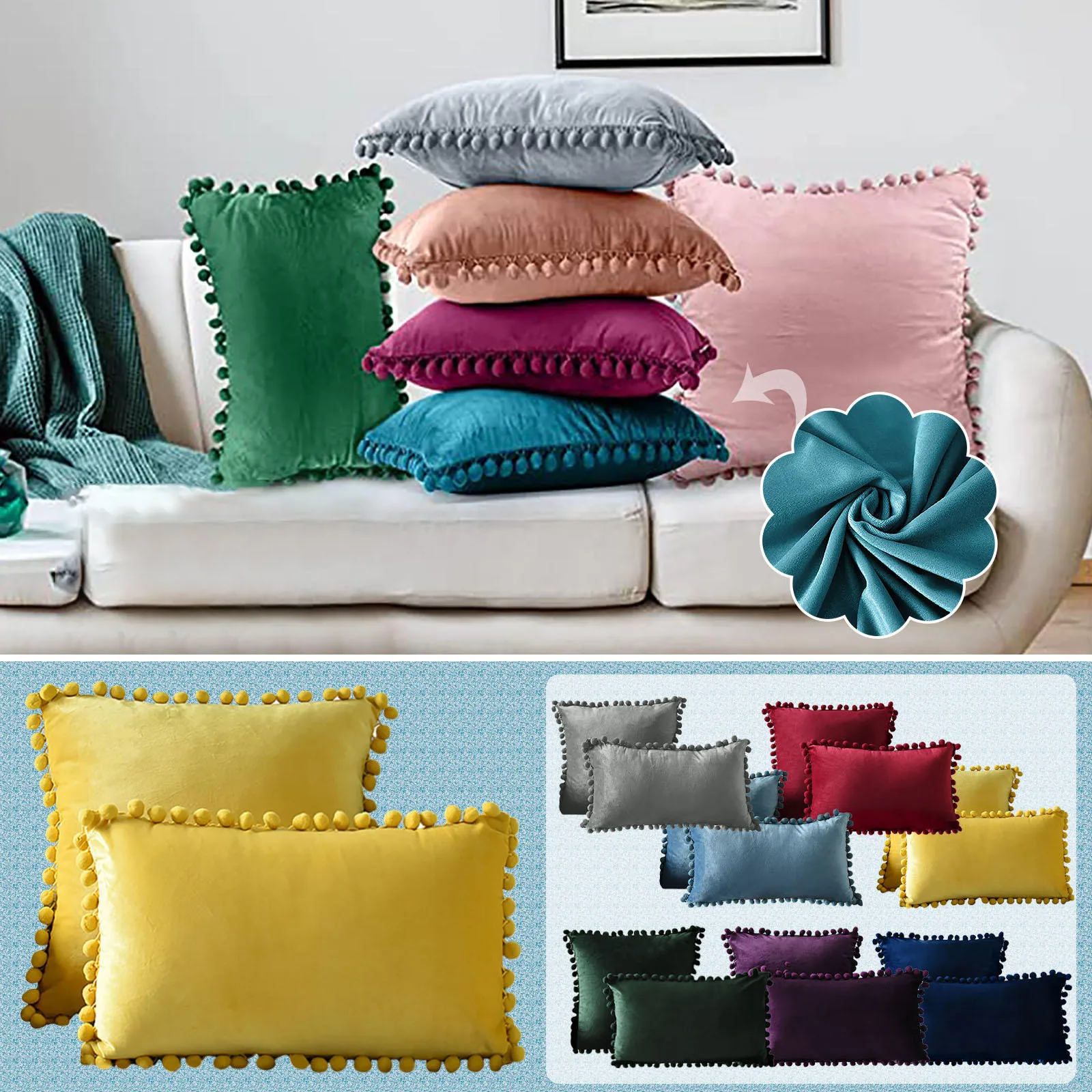 

30x50cm Soft Velvet Pillowcases Solid Cushion Cover Rectangle Decorative Pillows With Balls For Sofa Bed Car Home Throw Pillow