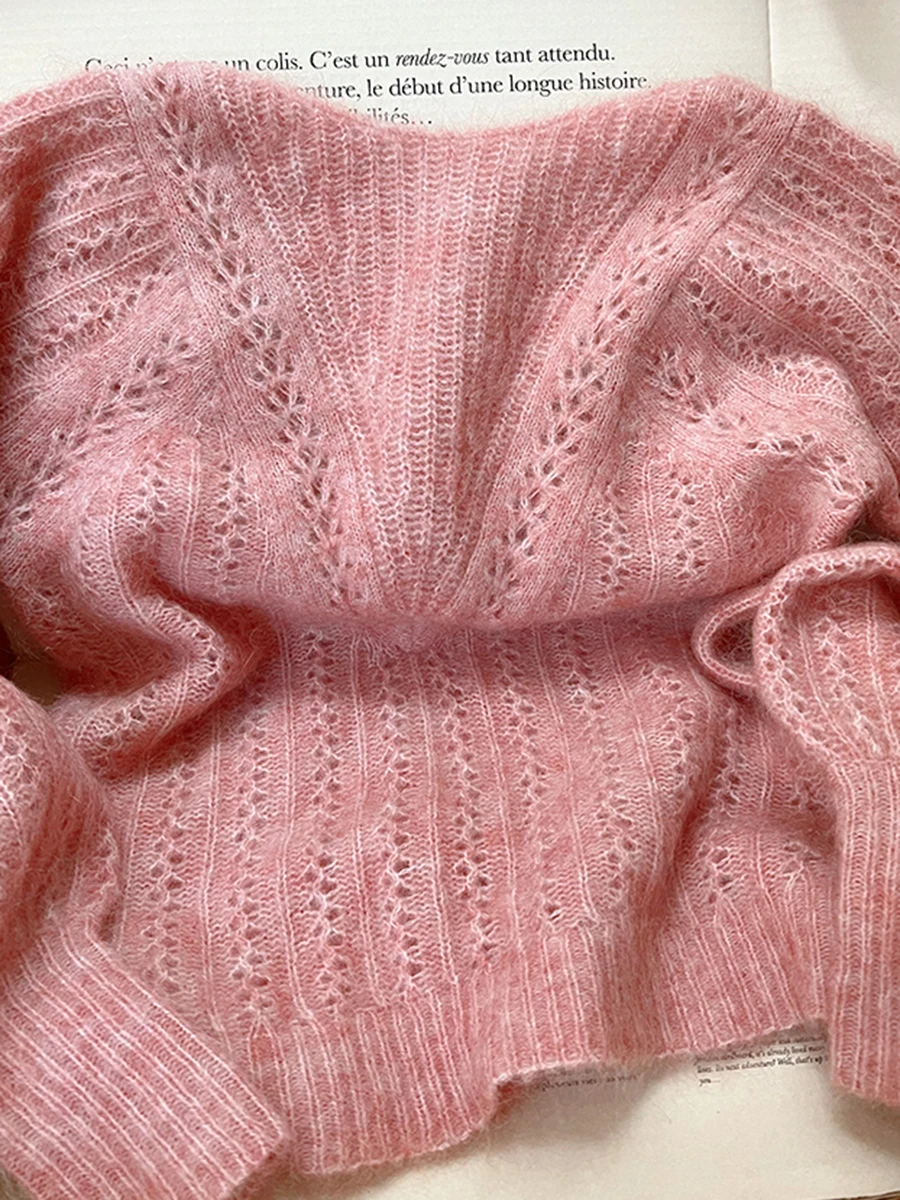 

Fancy Knitting Jumper Woman Autumn Long Sleeves V-neck Kid Mohair Wool Pullover Tops Elegant Casual Ladies Sweater Pull Winter