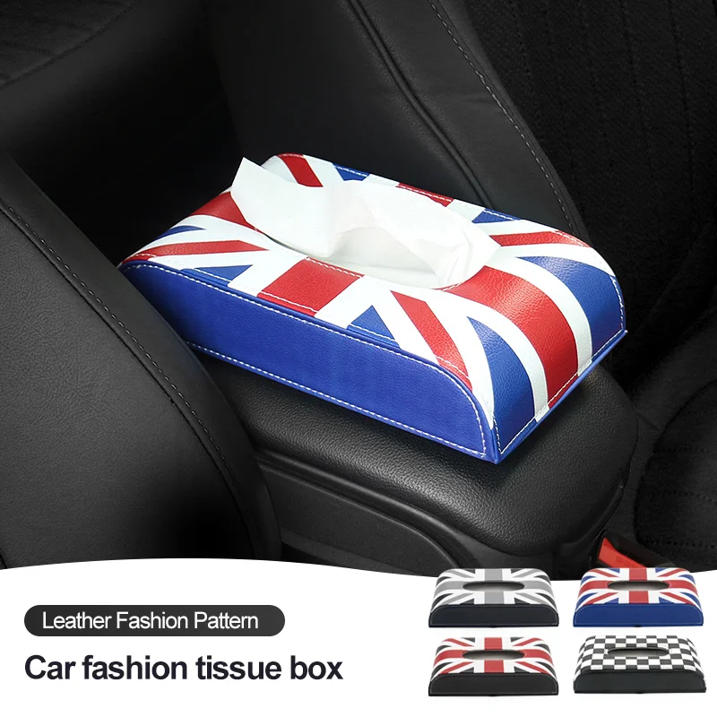 

1Pcs Car Tissue Box PU Leather Storage Box For M Coope r J C W 1 Country man club Multifunctional Armrest Pad Union Jack