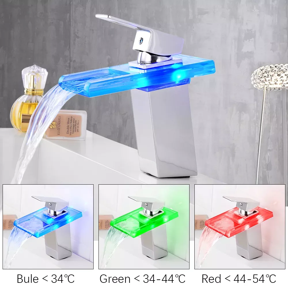 

LED Light Basin Faucets Glass Waterfall Bathroom Faucet Deck Mounted Wash Sink Taps Color Changes Temperature Hot And Cold Tap