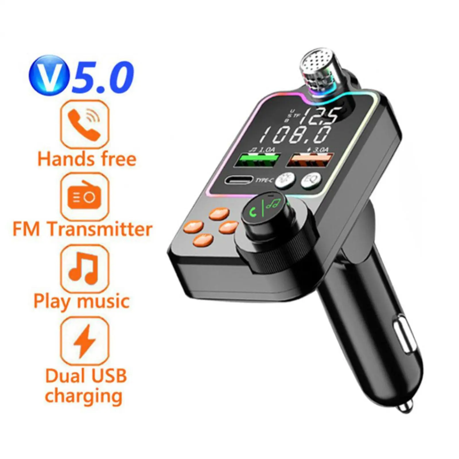 

Dual USB Bluetooth 5.0 Car FM Transmitter Car Charger PD Type-C Fast Charging Wireless Handsfree Call Audio Receiver MP3 Player