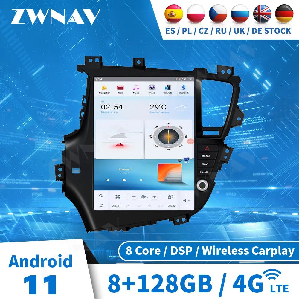 

Автомобильный мультимедийный плеер Qualcomm 665 Tesla Screen Android 11 для KIA Optima K5 2010 2011 2012 2013 GPS Navi Радио Аудио головное устройство