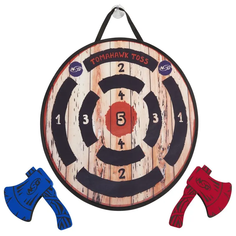 

Tomahawk Toss Axe Throwing Set for Kids - Two Lightweight Wrapped Foam Axes with Large Easy Stick Target - Ages 3+