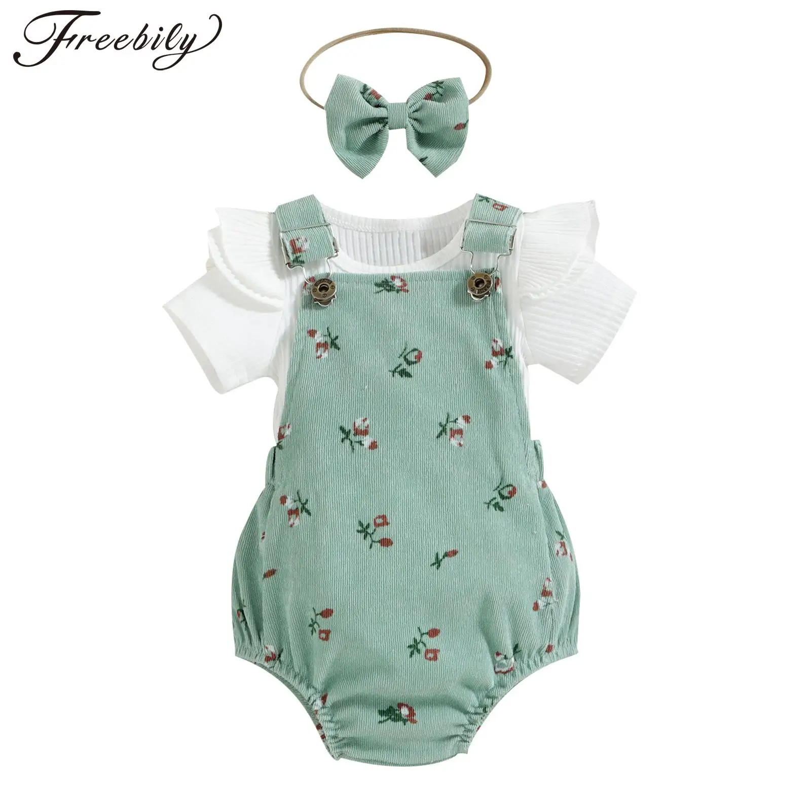 

Infant Baby Girls Daily Clothing Short Sleeve Round Neck Stylish Top with Suspender Briefs with Bow Decor Headband Child Romper