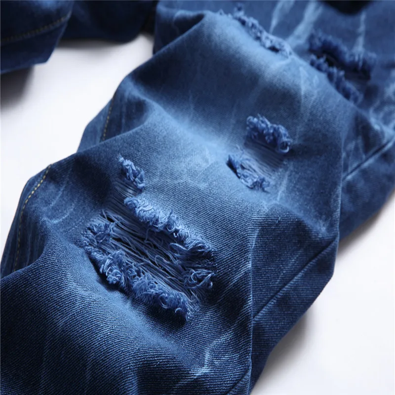 Large Size Perforated Straight Denim Jeans Hole Washing Designer Trousers Tie Blue New Style Winter Pants 2023 Free Shipping