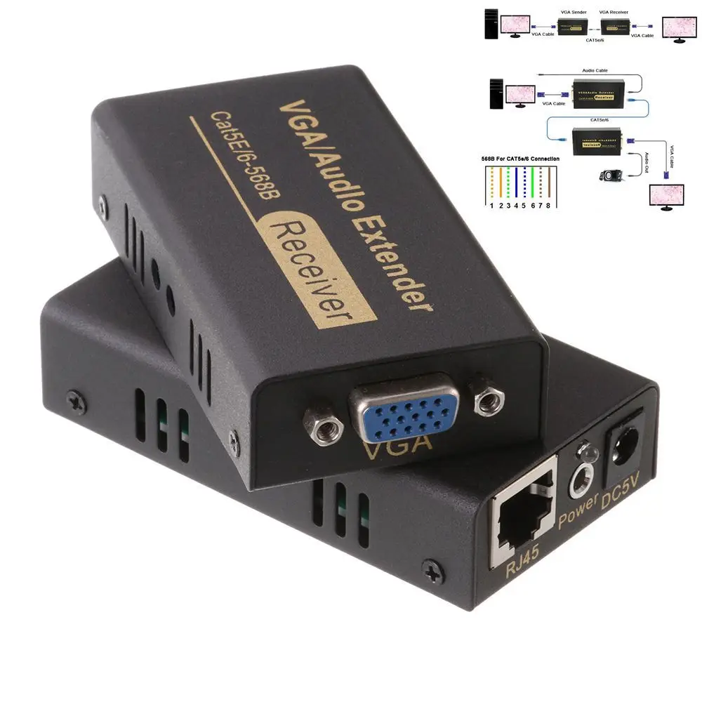 

100M 1080P Audio Video Extender VGA Over Single RJ45 CAT5e/6 HDB15-F, Audio DC3.5 Sender Receiver Support DOS,wondows,Apple,MAC