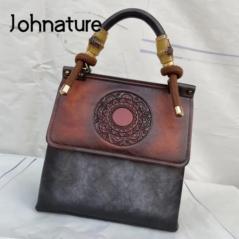 Johnature Vintage Women Bag 2022 New Classic Totem Embossing Luxury Handbag Versatile High Quality Leather Ladies Shoulder Bags