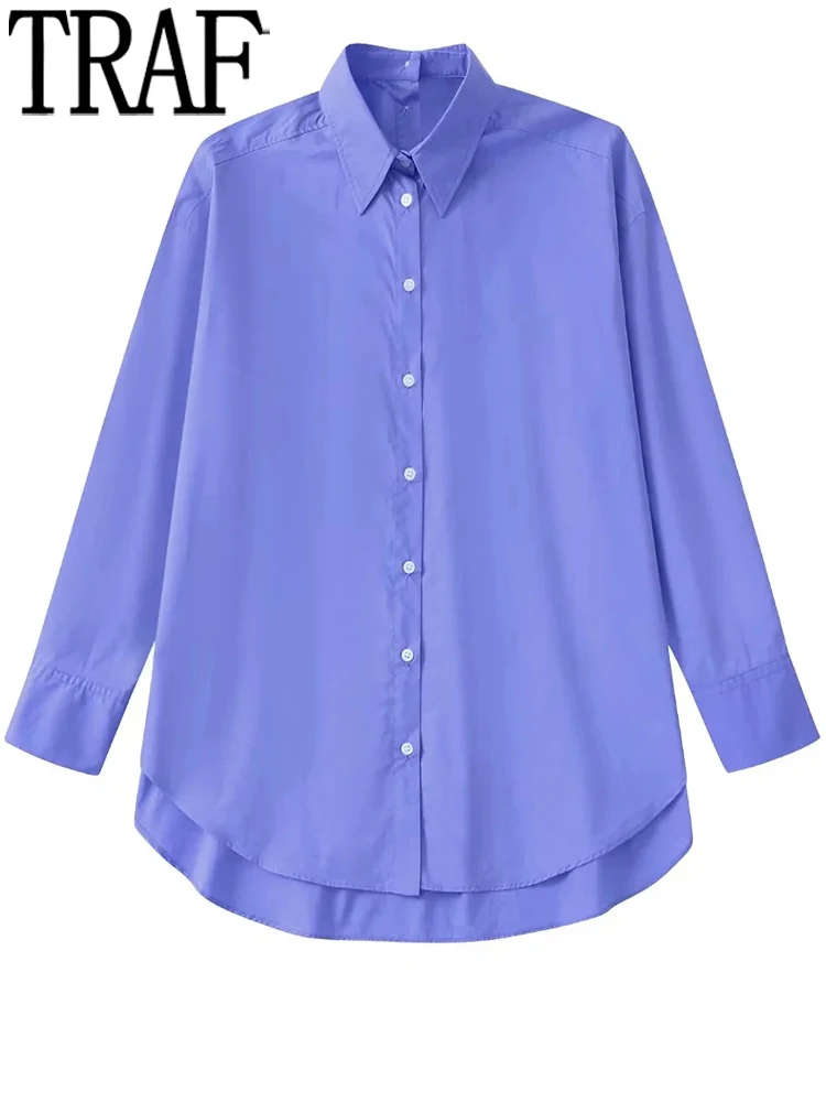 

TRAF Blue Long Shirt Women 2022 Collared Button Up Shirt Woman Asymmetric Long Sleeve Top Female Baggy Casual Summer Blouse