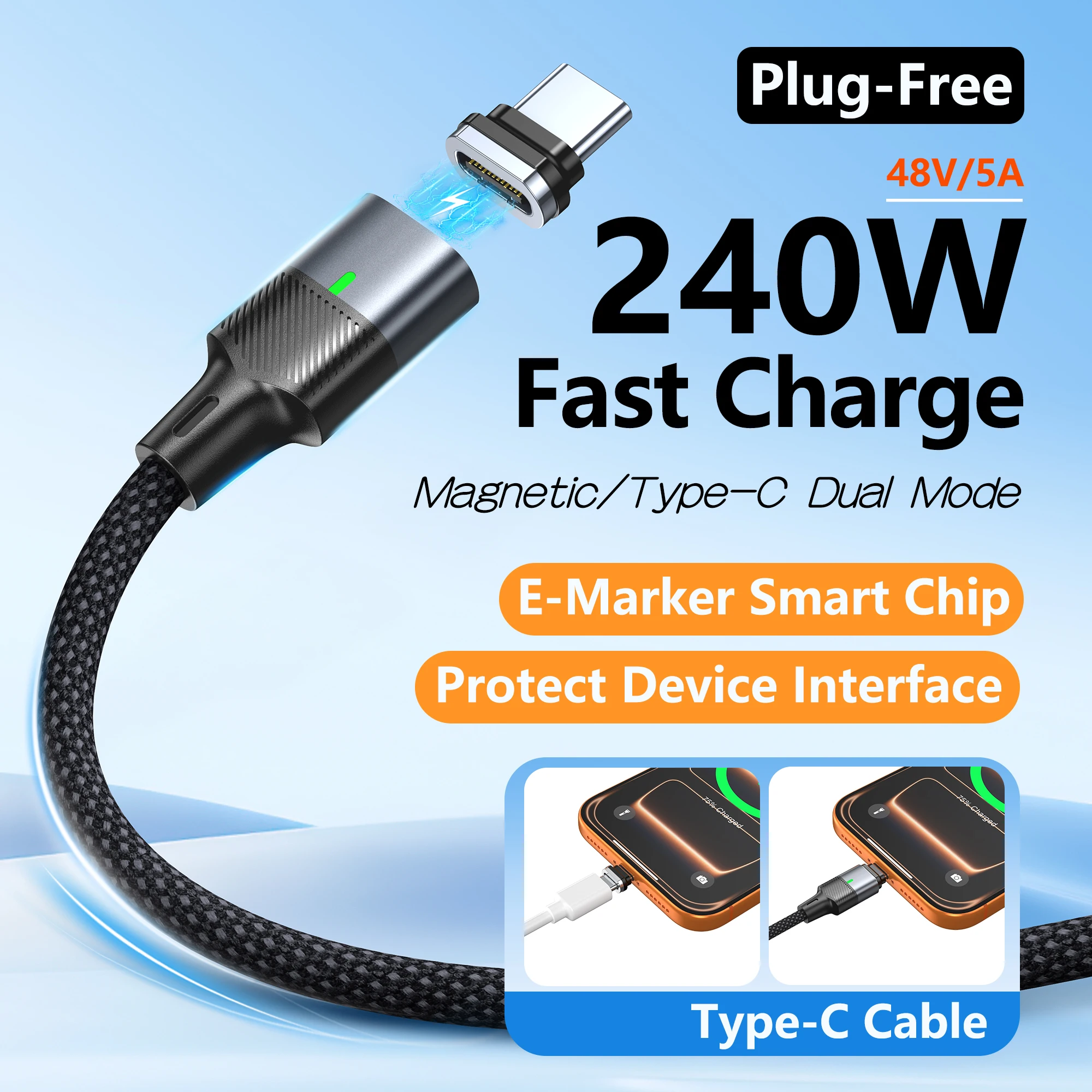 Фото Кабель USB-C на Type-C с магнитным креплением, 240 Вт, PD 3.1, для быстрой зарядки, со встроенным интерфейсом, для iPhone 17, 16, Huawei, Samsung S23 №1
