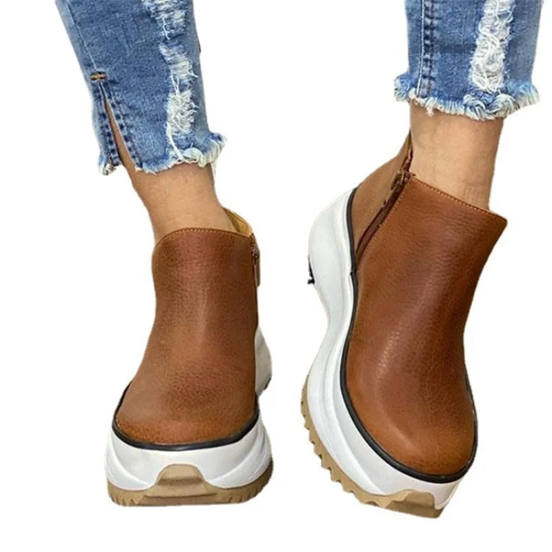 

2021 Autumn New Solid Color Round Head Viscose Shoes Casual Solid Color Low Top Thick Soled Flat Heel Martin Boots