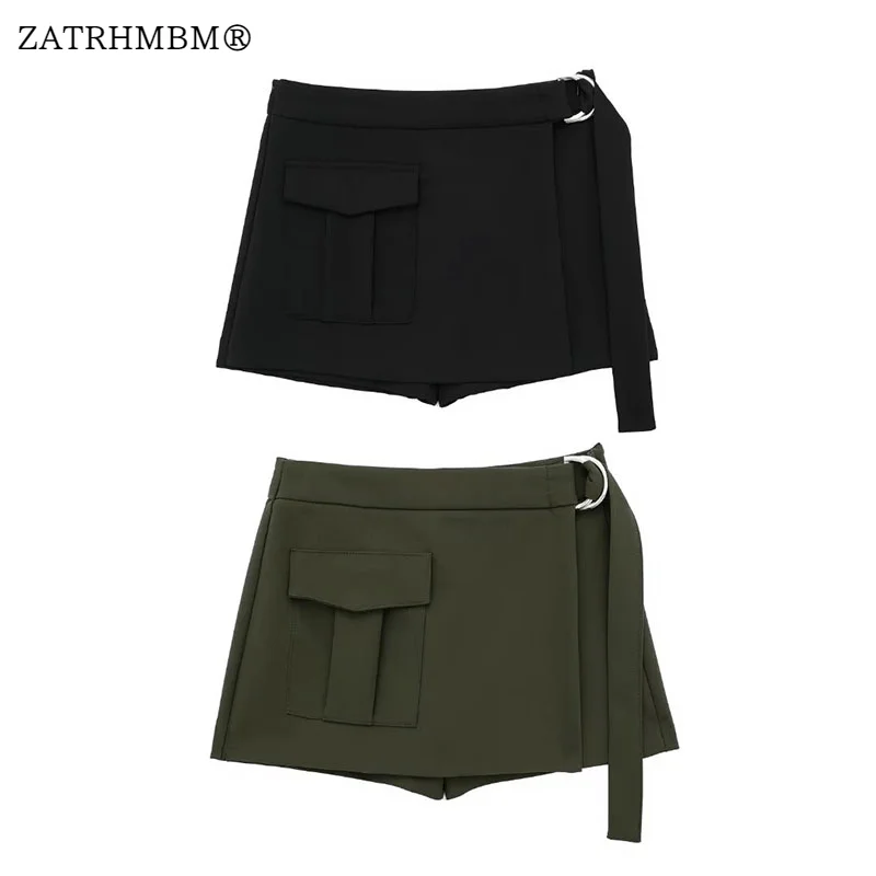 

Женские брюки ZATRHMBM, Новинка осени 2023, модные брюки-карго с ремнем, винтажные короткие брюки с боковой молнией и высокой талией для женщин