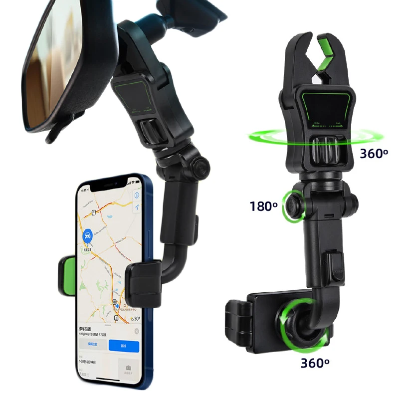 

Universal Rearview Mirror Car Phone Holder GPS Navigation Bracket Multifunctional 360 Degree Rotatable Hanging Clip Adjustable