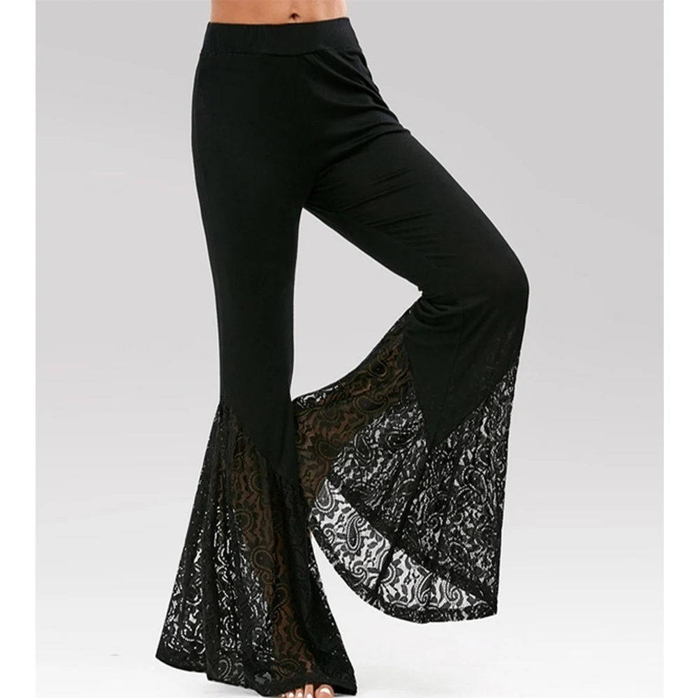 

Pants Women 2021 High Waist Hollow Out Lace Flare Pants Patchwork Skinny Trousers Casual New Spring Ladies Wide Leg Pant