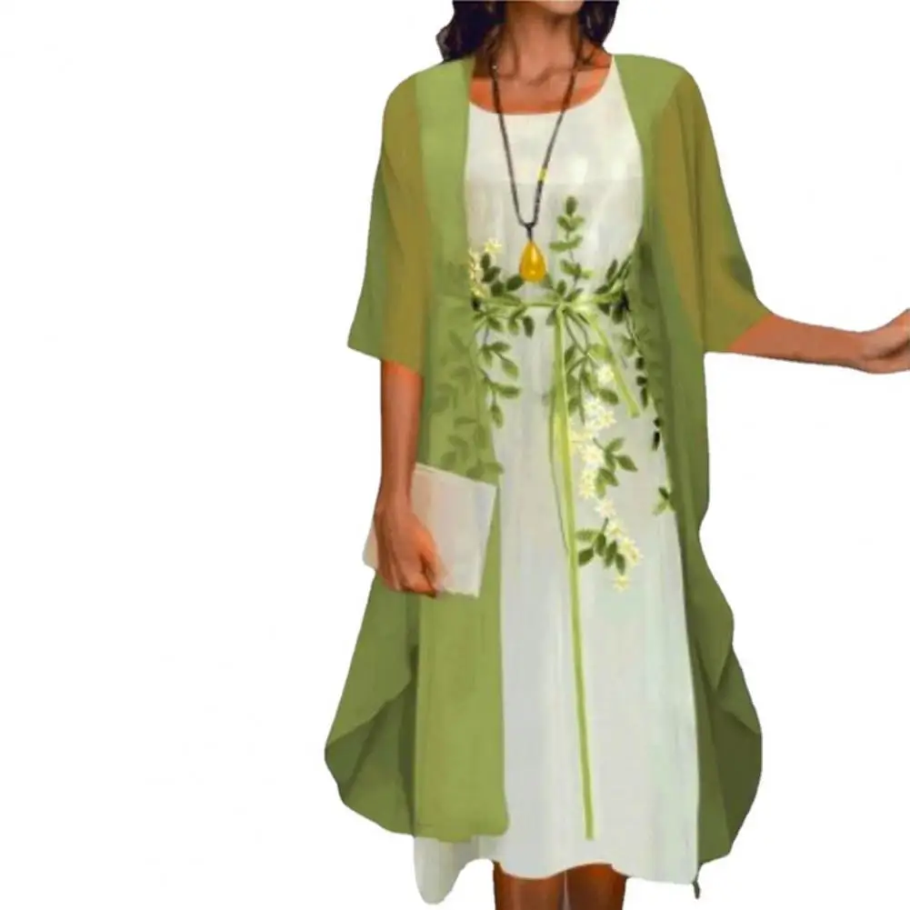 

Two-piece Dress Sets Women Spring Summer Office Lady Cardigan Dress Floral Print Large Hem Elegant Chiffon Dress Set for Party