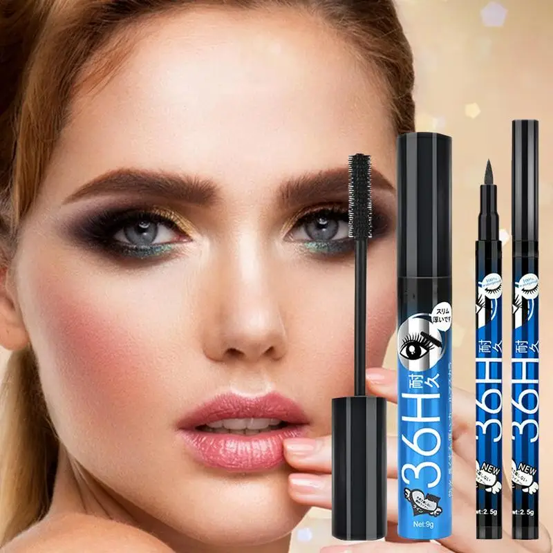 

2pcs Waterproof Eyeliner Mascara Set Curling Lengthening Mascara Quick Dry Eyeliner Pen Smudge Proof Eyeliner Mascara Eye Makeup