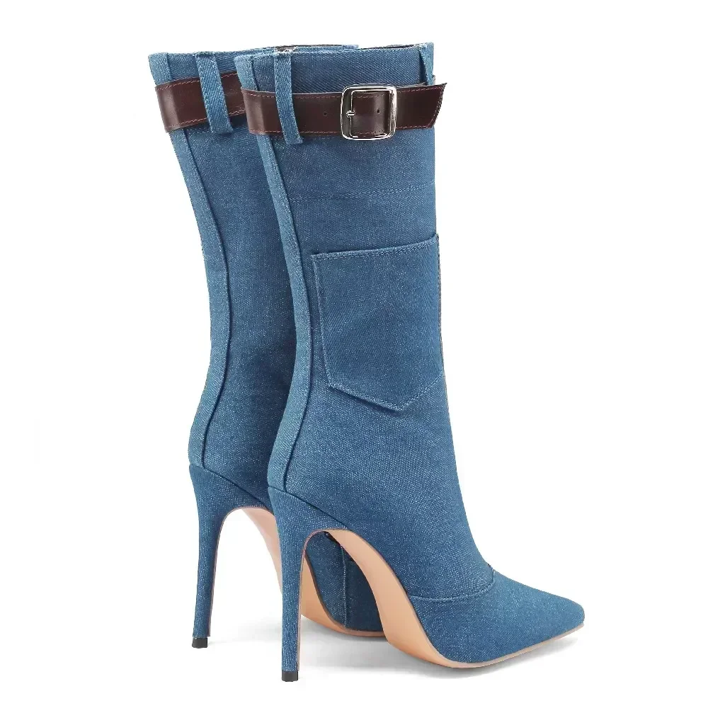 Зимние женские сапоги до середины икры черные синие джинсовые туфли на высоком