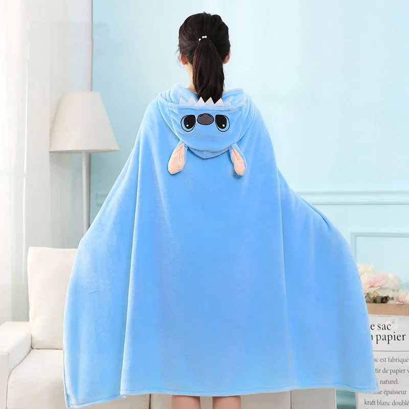 Disney Lilo and Stitch Coral Fleece Fabric Blanket with Hooded Cute Cartoon Cosplay Cloak Cape Warm Wearable Throw Blanket