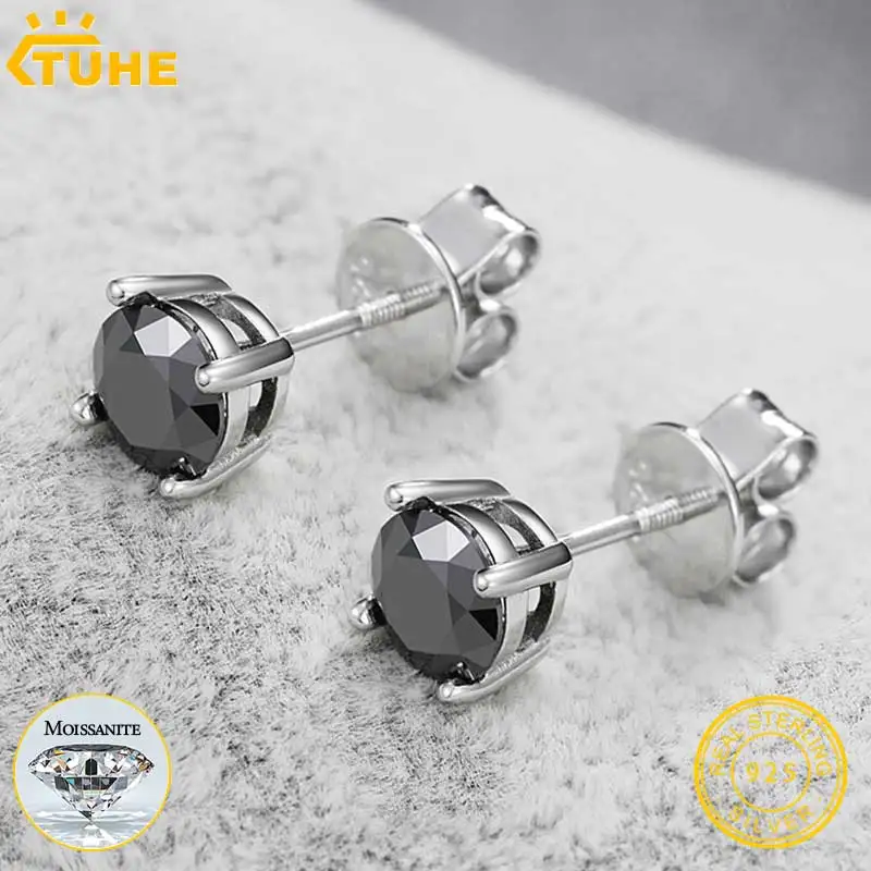 

Classic Round Moissanite Black Earring Silver 925 For Women Jewelry Top Quality 100% Sterling Silver Fashion Earrings Gift