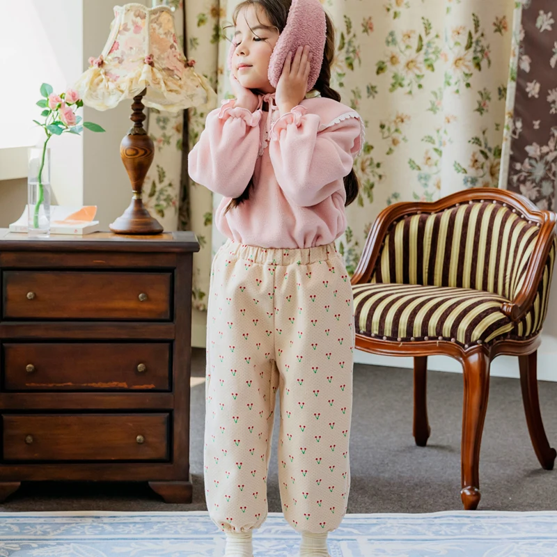 

Bebezoo Children's High-Rise Pants Winter Flower Buds Pants Cuffs Brushed Lining Cherry Pattern Windproof Warm Baby Pants