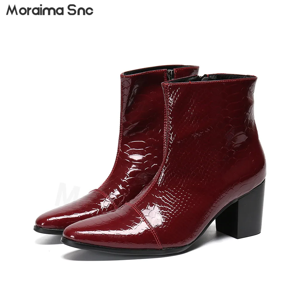 

Men's Leather Boots 8Cm High Heel Thick Heel Personality Boots Stage Bar Pointed Snake Pattern Black Wine Red Leather Boots