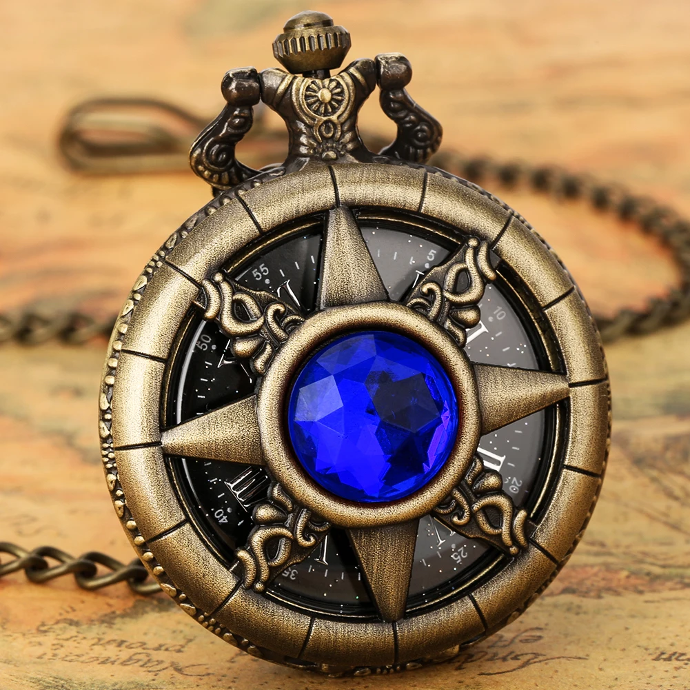 

Blue Semicircle Diamond Quartz Pocket Watch Openwork Bead Cover Pendant Pocket Watches Black Starry Sky Numeral Dial Clock Gifts