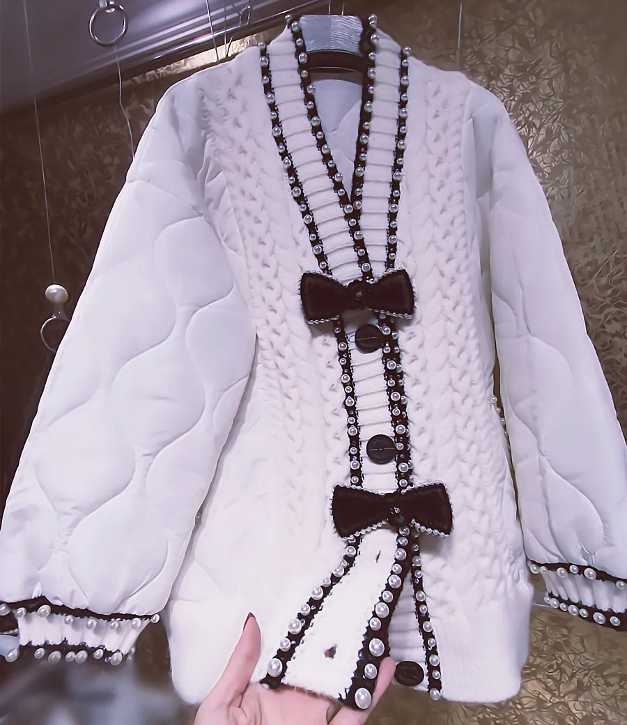 New Fashion Diamond Luxury Small Fragrant Bowknot Pearl Loose Cotton Padded Coat Large Size Warm