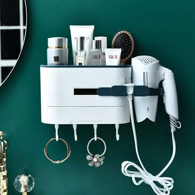 

Hair Dryer Holder Wall Mounted Punch-free Bathroom Comestic Storage Rack With Hooks Self-adhesive Waterproof Bathroom Shelf
