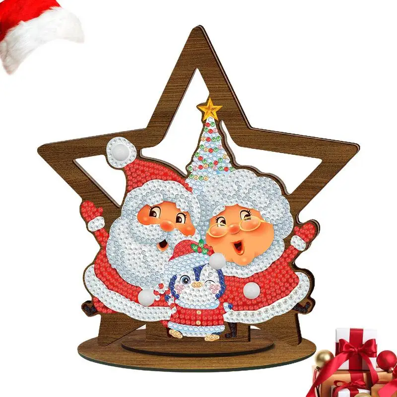 

DIY 5D Diamond Art Christmas Decorations Wood Pentagram Shape Diamonds Painting Kits Cute Penguin Santa Claus Tabletop Decor