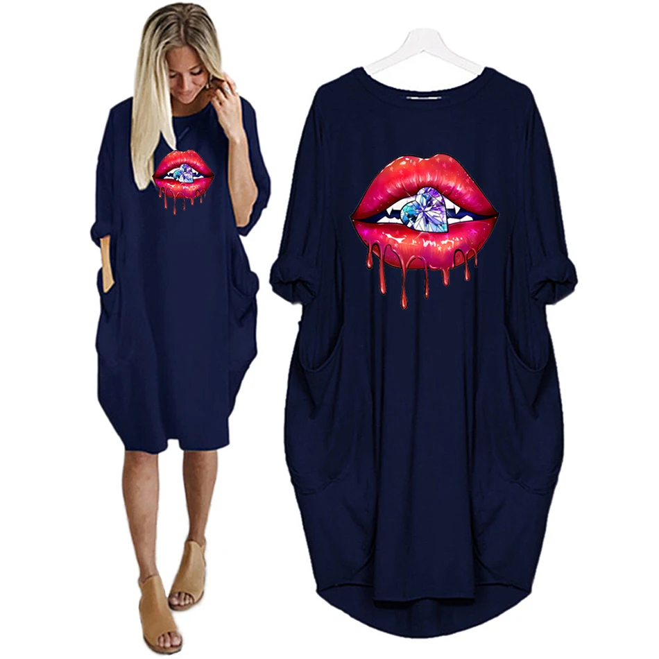 

Women's Dress Sexy Lip Diamond Print Long Sleeve Midi Female Party Dresses Pocket Solid Streetwear Harajuku Autumn Daily Clothes