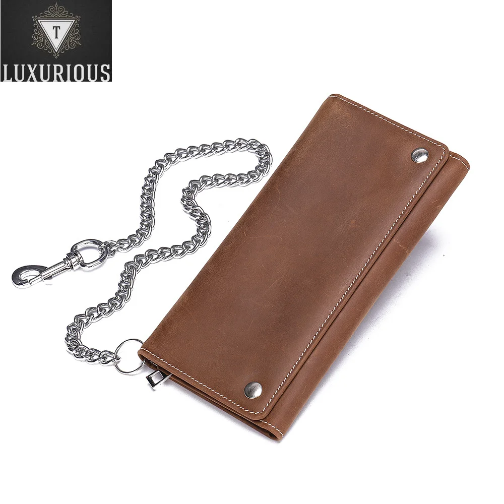 

Genuine Men's Leather Trifold Foldable Business Wallet With Chain Cowhide Credit/ID Card Holder Coin Purses 1006