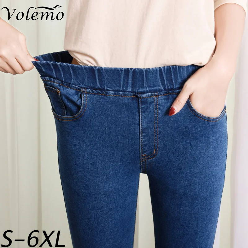 

Volemo Women's Elastic High Waist Skinny Jeans Fashion Women Black Blue Pocket Mom Jeans Slim fit Stretch Denim Pants 5XL 6XL