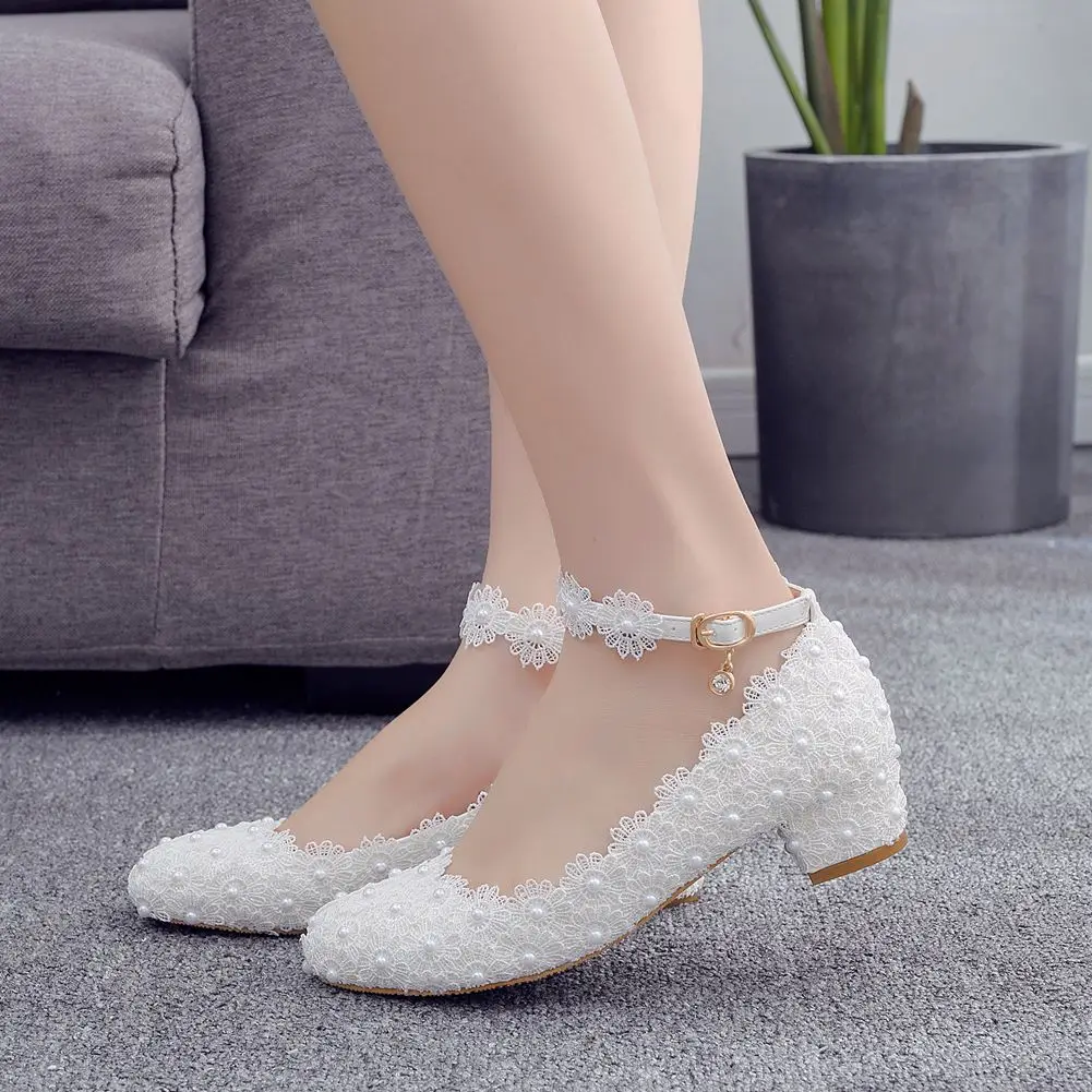 

Women 3CM High Heels White Lace Pearl Wedding Shoes Sexy Bride Party Pointed Toe Shallow Mouth Pumps Shoe Bridesmaid Pink